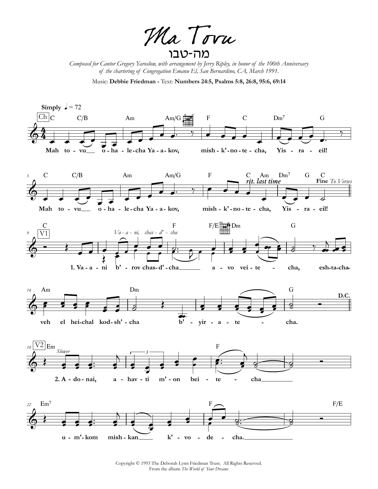 Debbie Friedman Ma Tovu sheet music notes and chords arranged for Lead Sheet / Fake Book