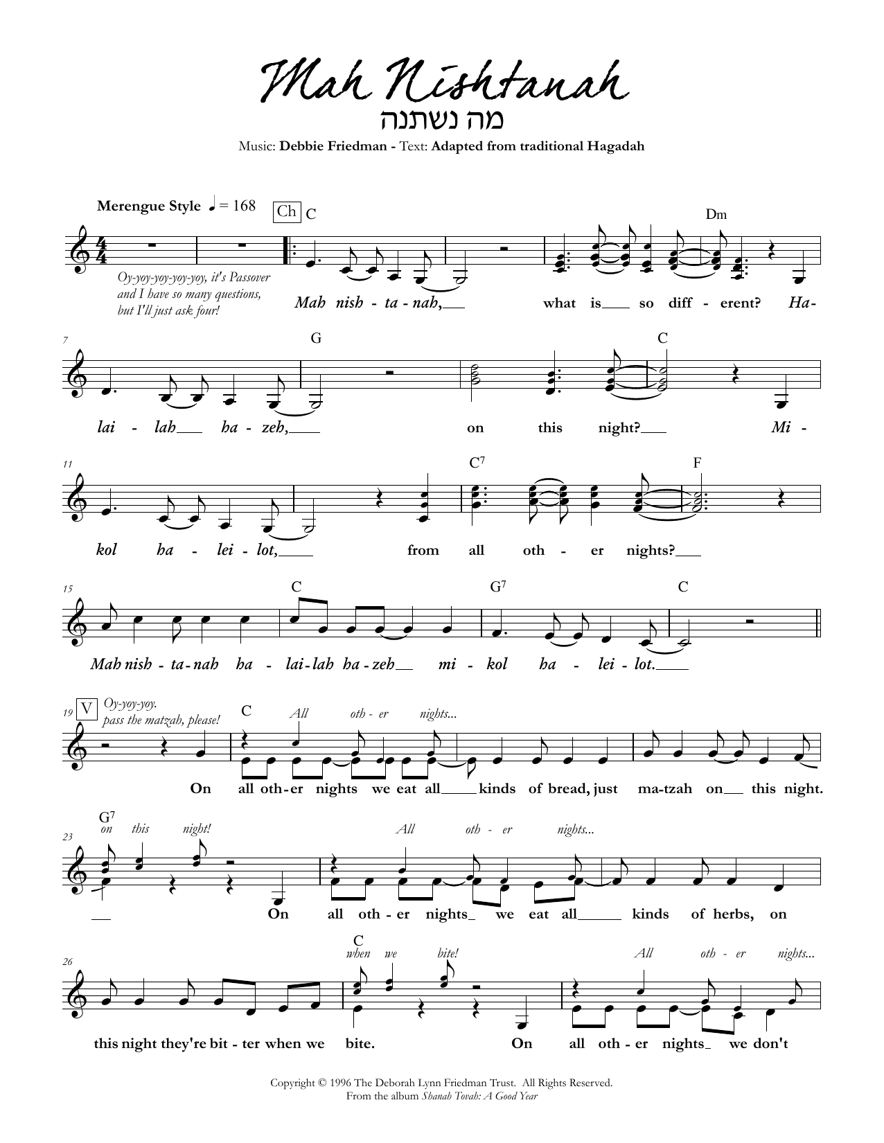 Debbie Friedman Mah Nishtanah sheet music notes and chords arranged for Lead Sheet / Fake Book