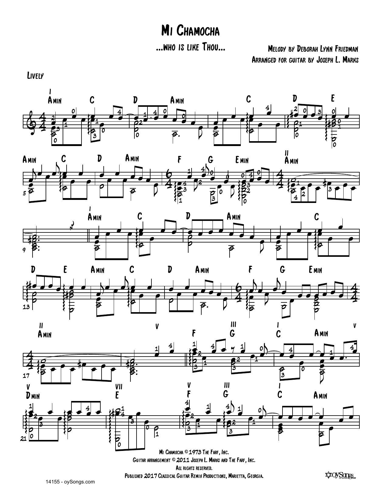 Debbie Friedman Mi Chamocha (arr. Joe Marks) sheet music notes and chords arranged for Solo Guitar