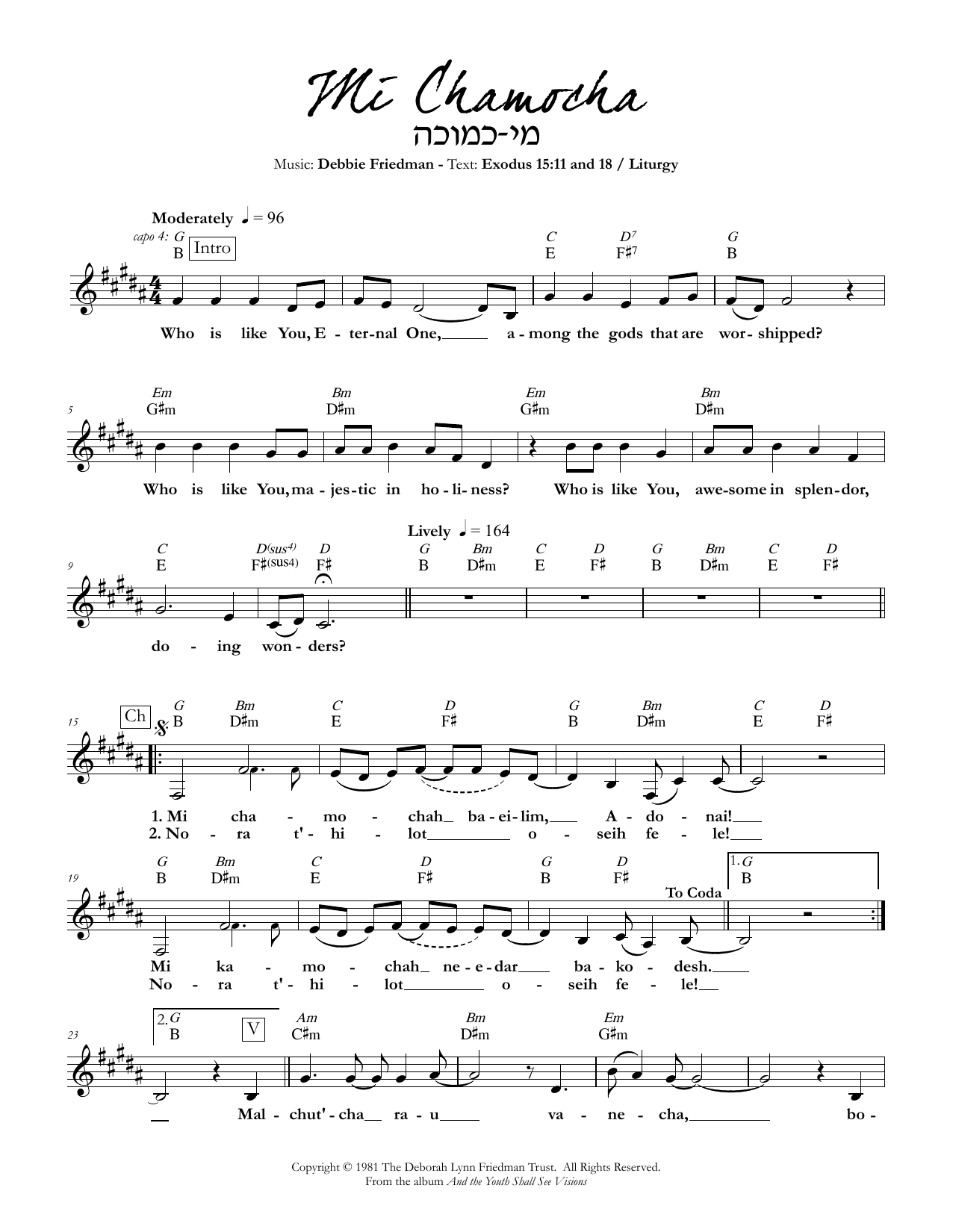 Debbie Friedman Mi Chamocha sheet music notes and chords arranged for Lead Sheet / Fake Book