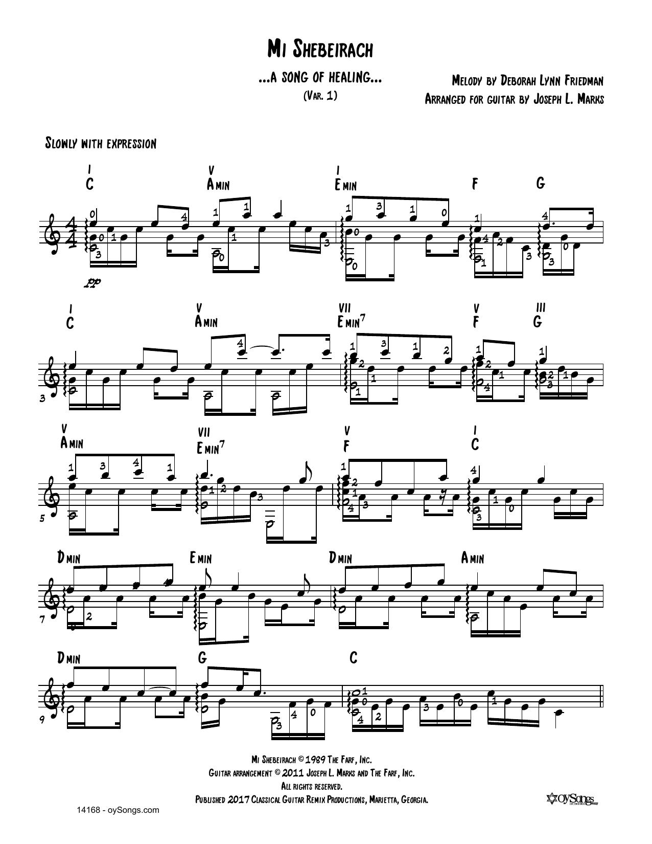 Debbie Friedman Mi Shebeirach Var 1 (arr. Joe Marks) sheet music notes and chords arranged for Solo Guitar