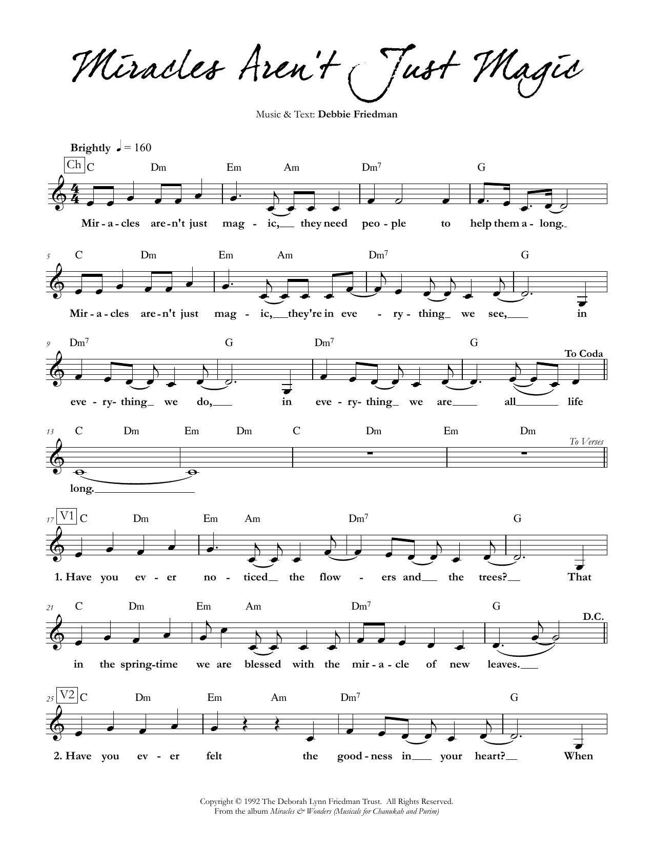 Debbie Friedman Miracles Aren't Just Magic sheet music notes and chords arranged for Lead Sheet / Fake Book