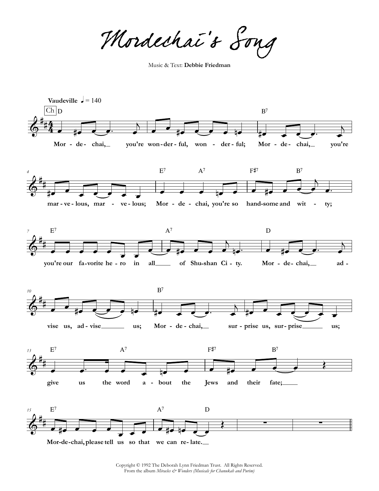 Debbie Friedman Mordechai's Song sheet music notes and chords arranged for Lead Sheet / Fake Book