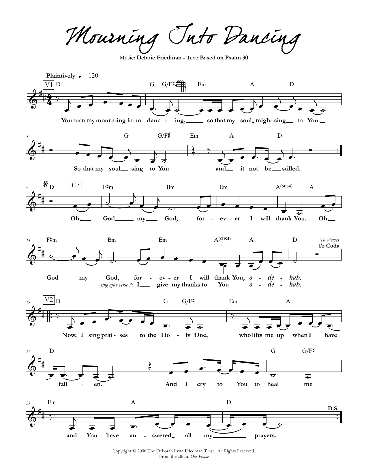 Debbie Friedman Mourning Into Dancing sheet music notes and chords arranged for Lead Sheet / Fake Book