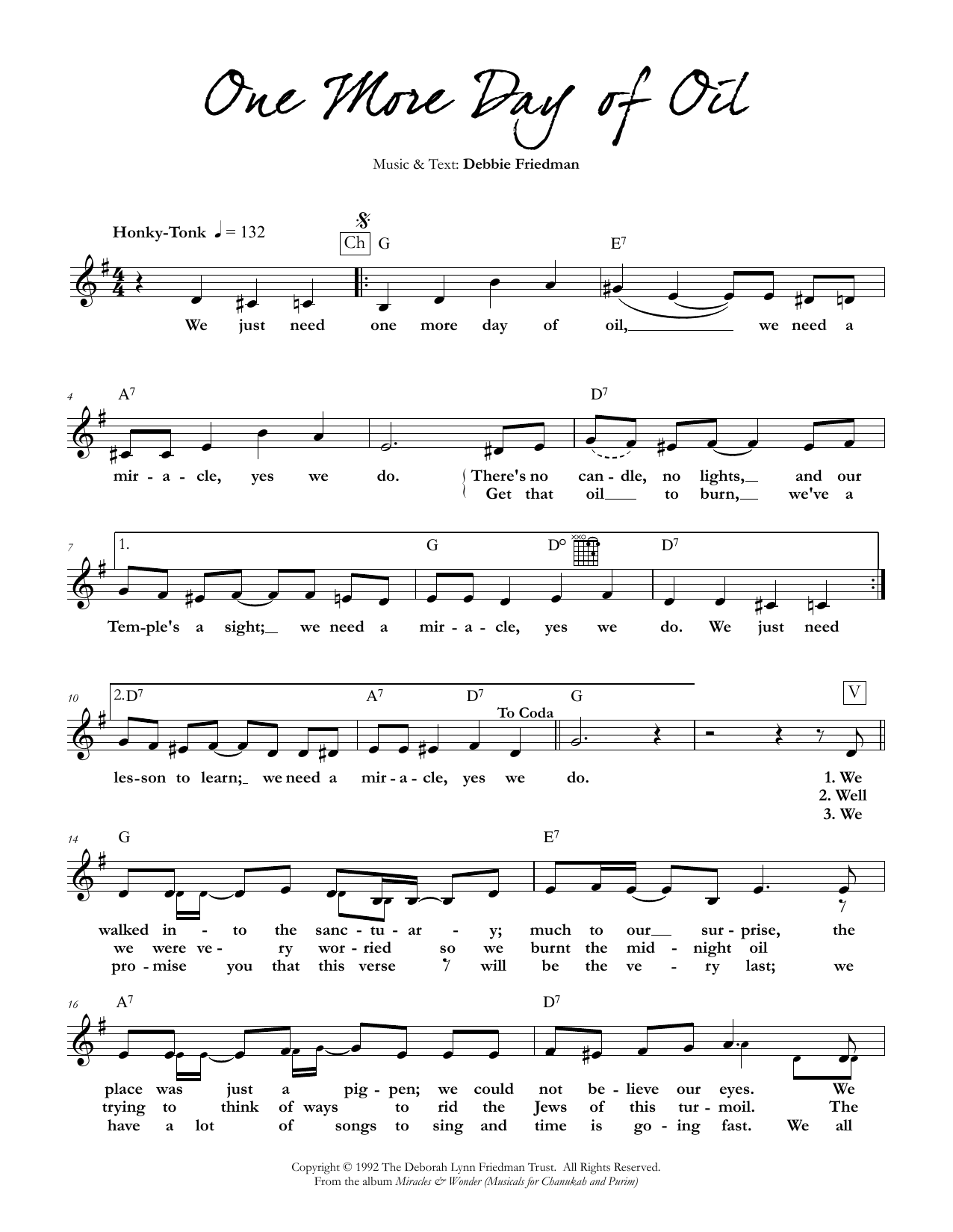 Debbie Friedman One More Day of Oil sheet music notes and chords arranged for Lead Sheet / Fake Book