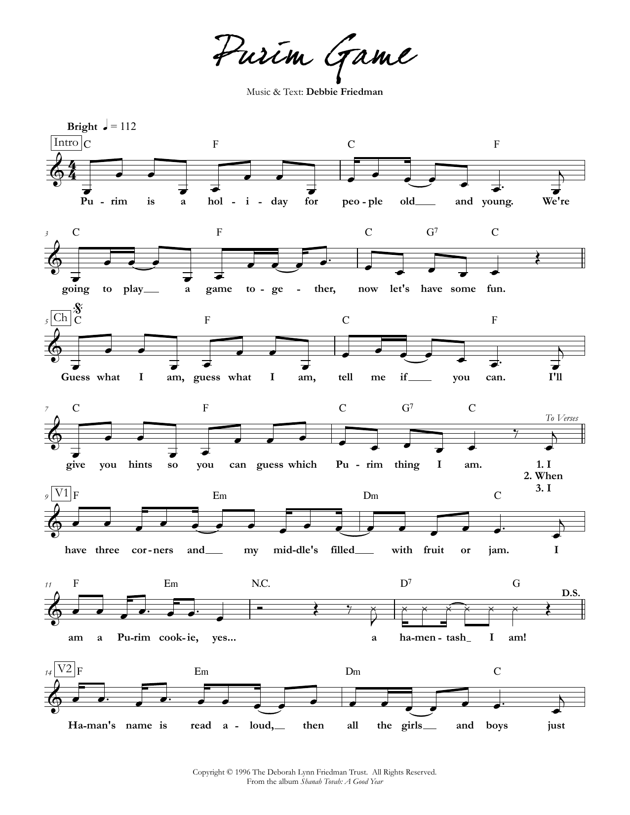 Debbie Friedman Purim Game sheet music notes and chords arranged for Lead Sheet / Fake Book