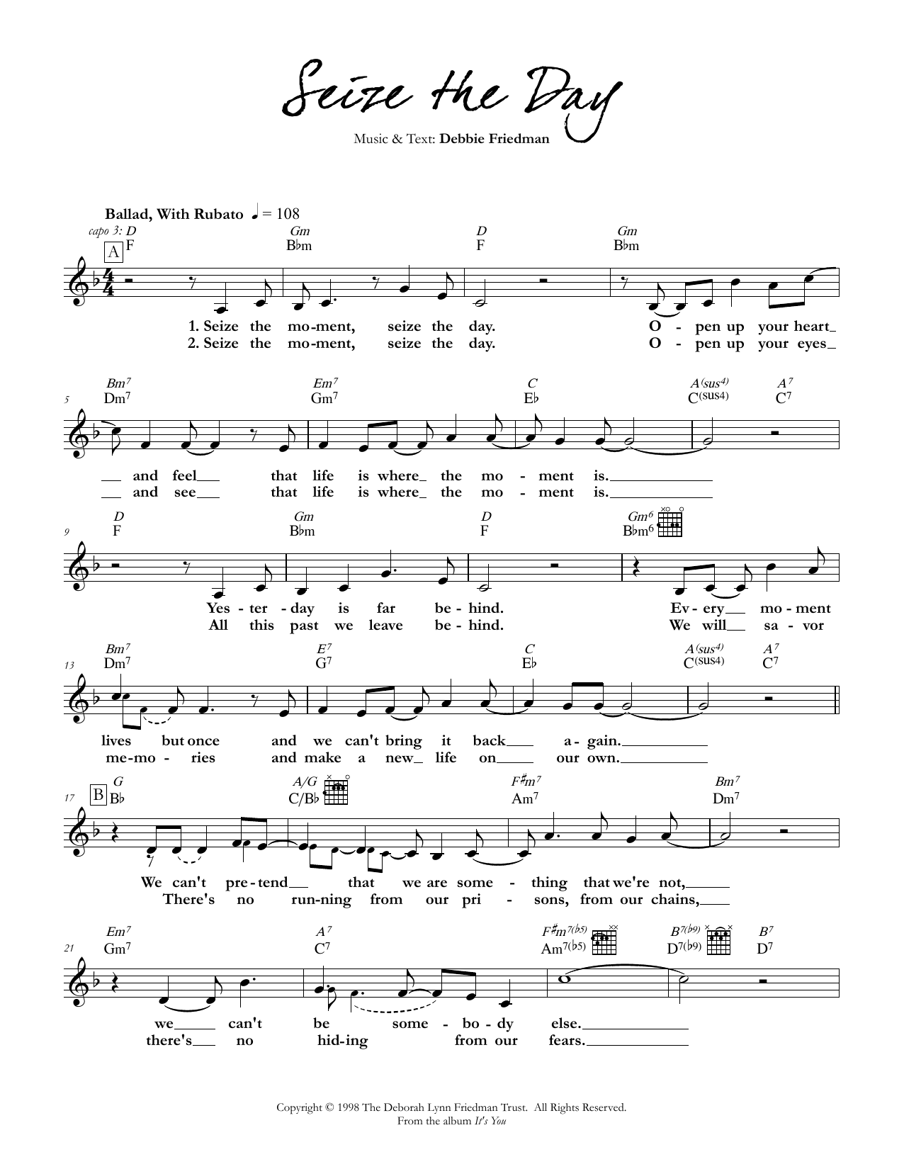 Debbie Friedman Seize the Day sheet music notes and chords arranged for Lead Sheet / Fake Book