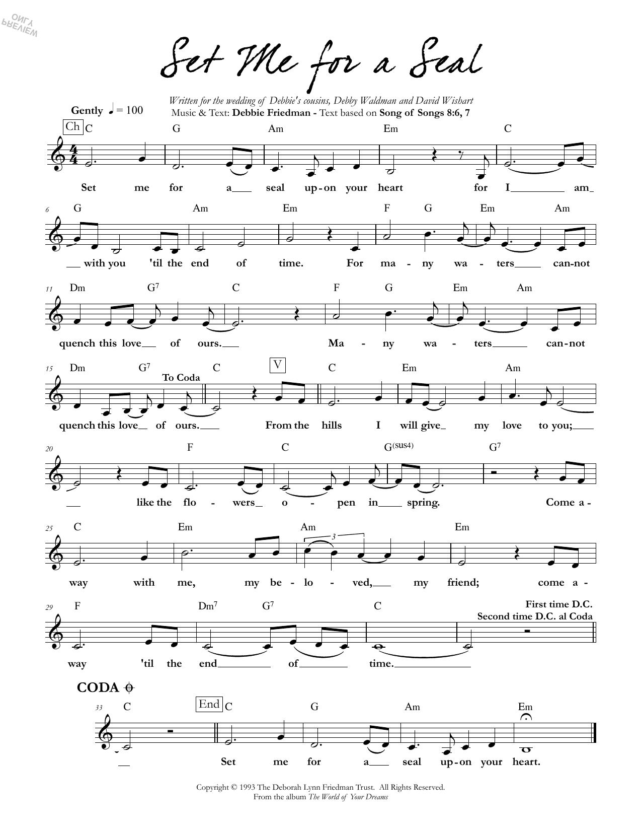 Debbie Friedman Set Me for a Seal sheet music notes and chords arranged for Lead Sheet / Fake Book