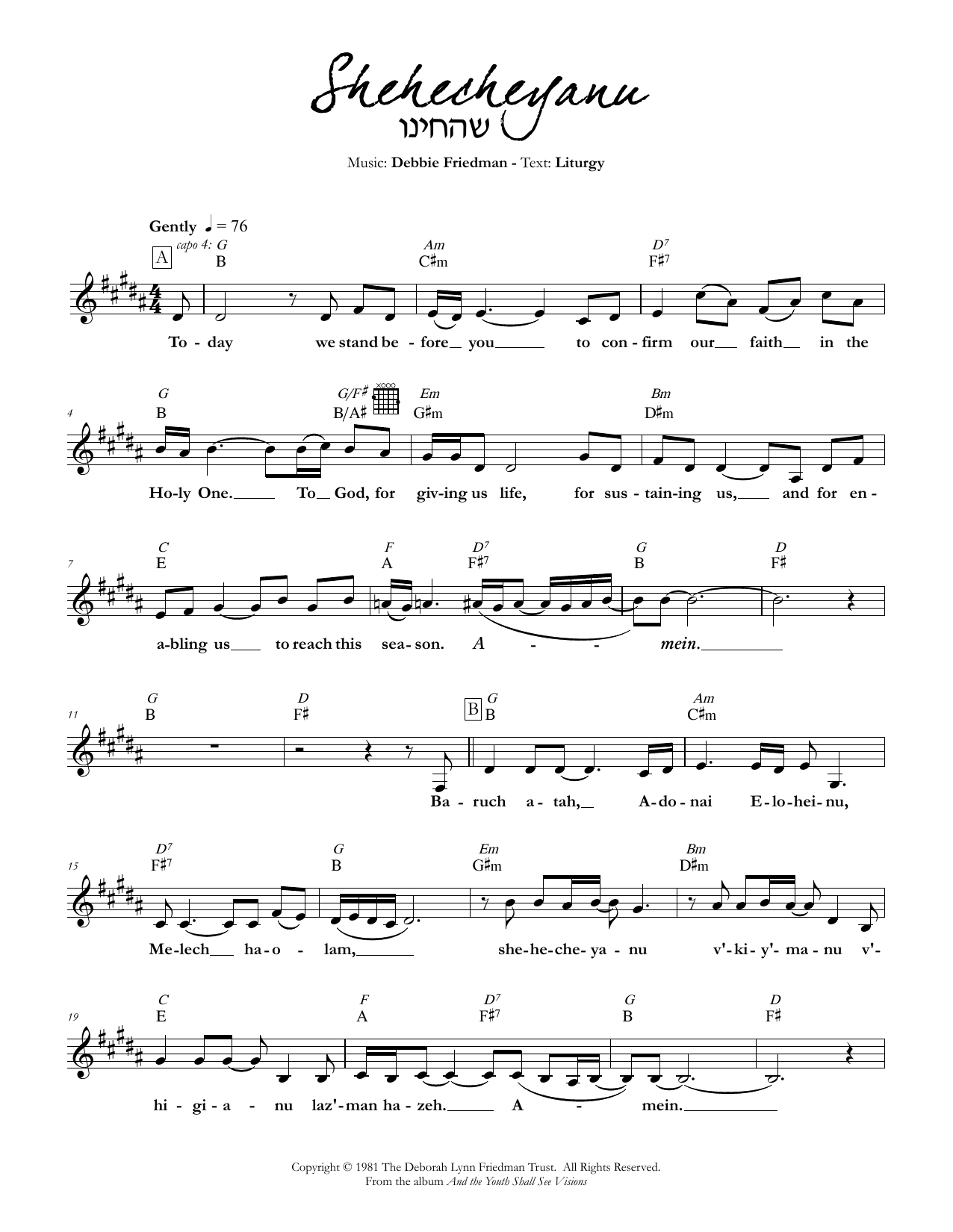 Debbie Friedman Shehecheyanu sheet music notes and chords arranged for Lead Sheet / Fake Book