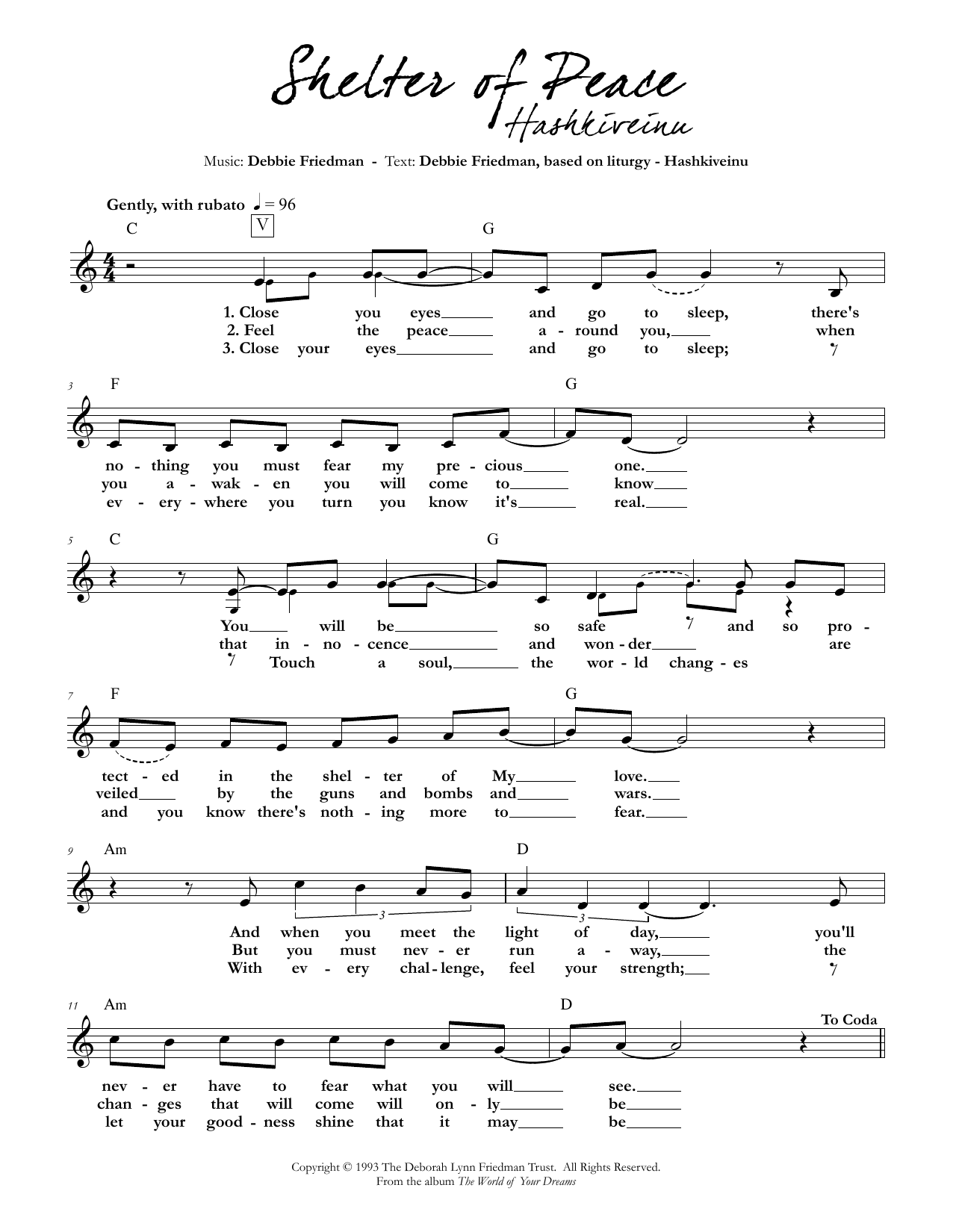 Debbie Friedman Shelter of Peace sheet music notes and chords arranged for Lead Sheet / Fake Book