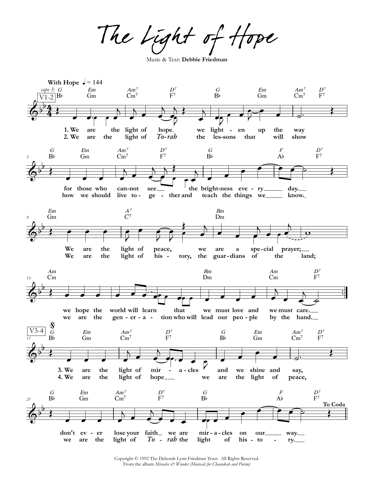 Debbie Friedman The Light of Hope sheet music notes and chords arranged for Lead Sheet / Fake Book