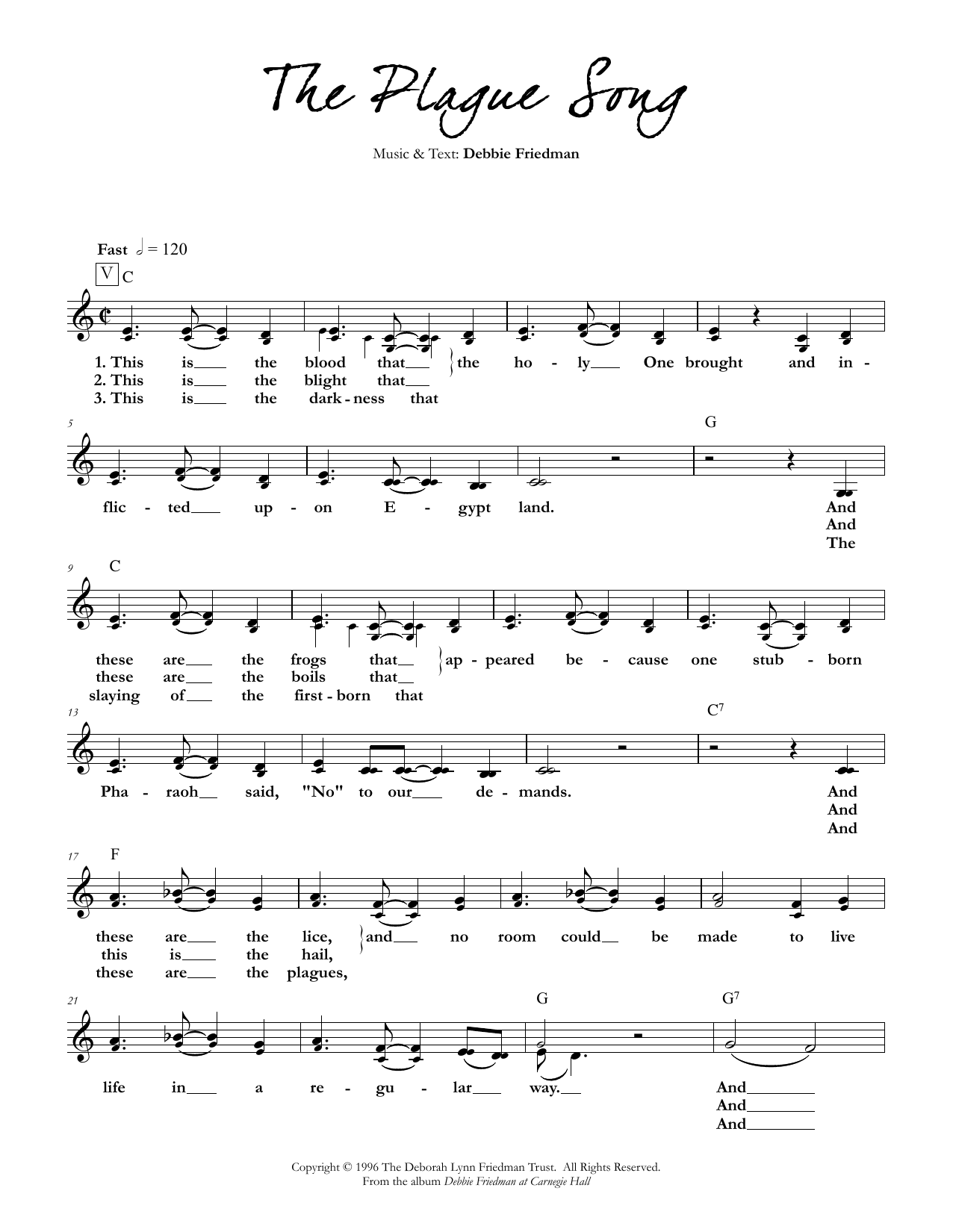 Debbie Friedman The Plague Song sheet music notes and chords arranged for Lead Sheet / Fake Book