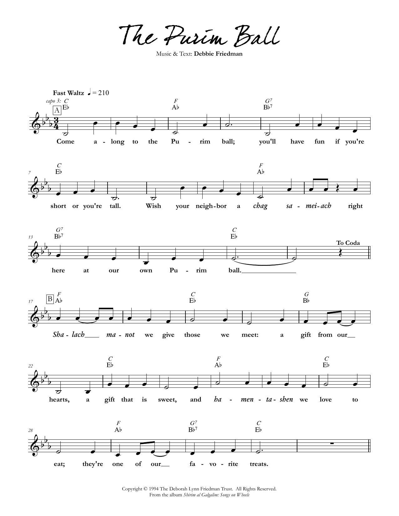 Debbie Friedman The Purim Ball sheet music notes and chords arranged for Lead Sheet / Fake Book