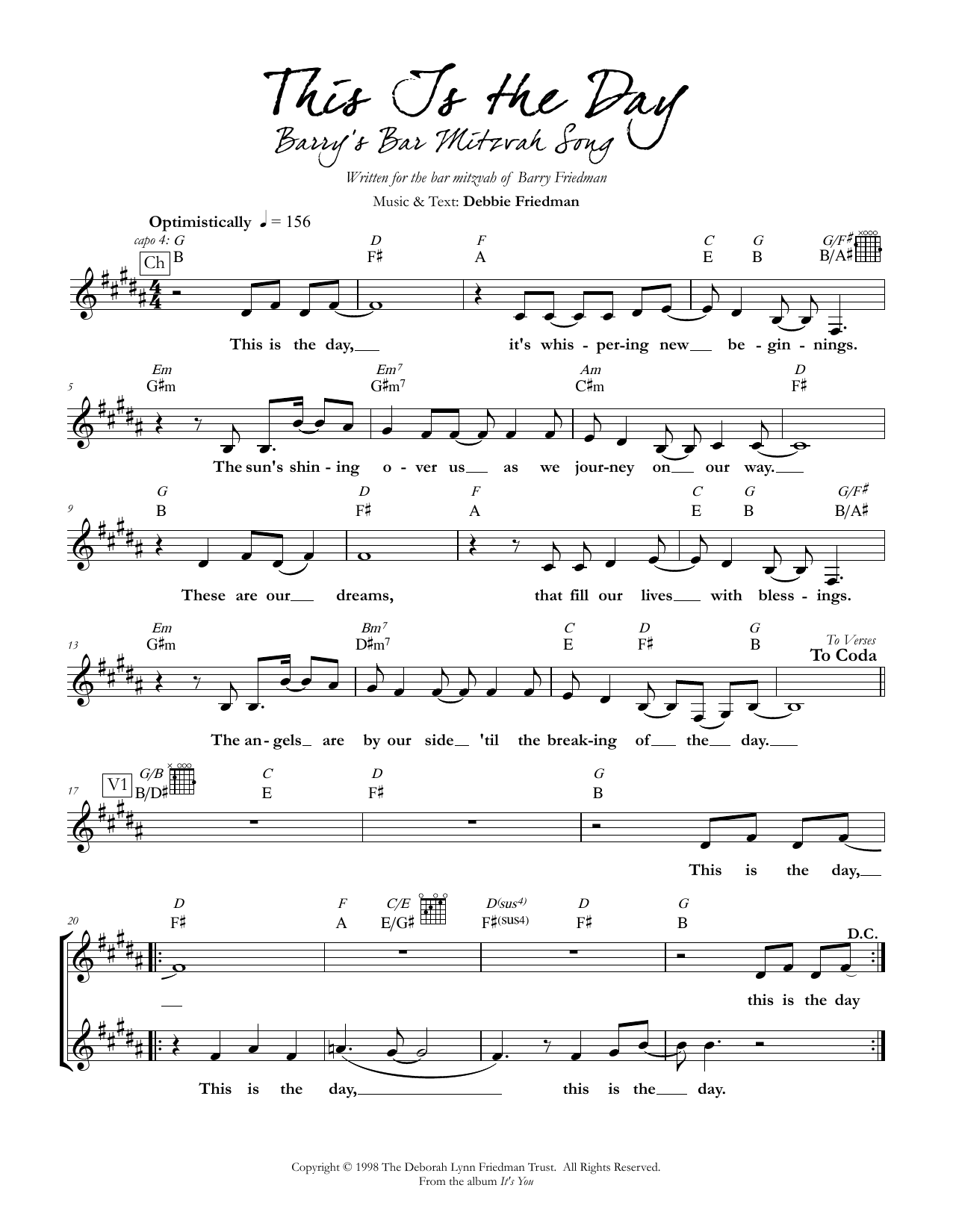 Debbie Friedman This Is the Day sheet music notes and chords arranged for Lead Sheet / Fake Book