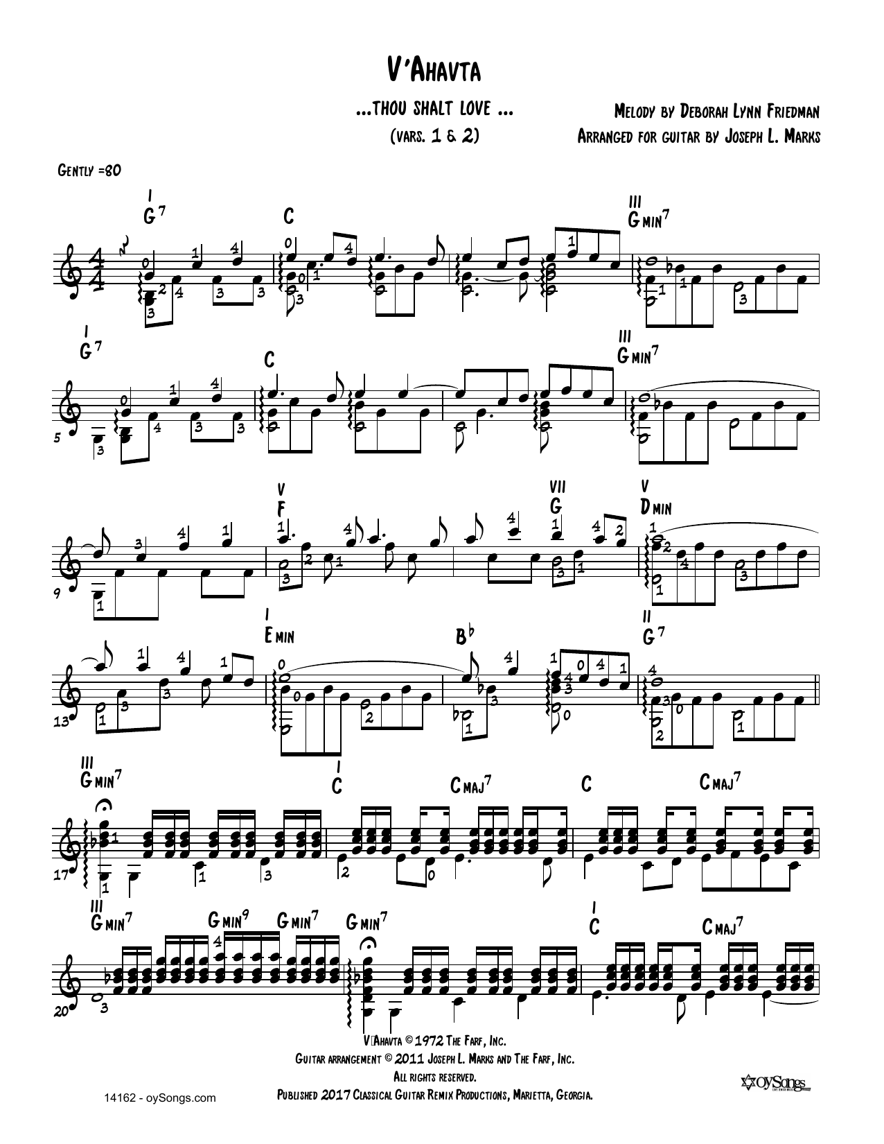 Debbie Friedman V'ahavta Vars 1, 2 (arr. Joe Marks) sheet music notes and chords arranged for Solo Guitar