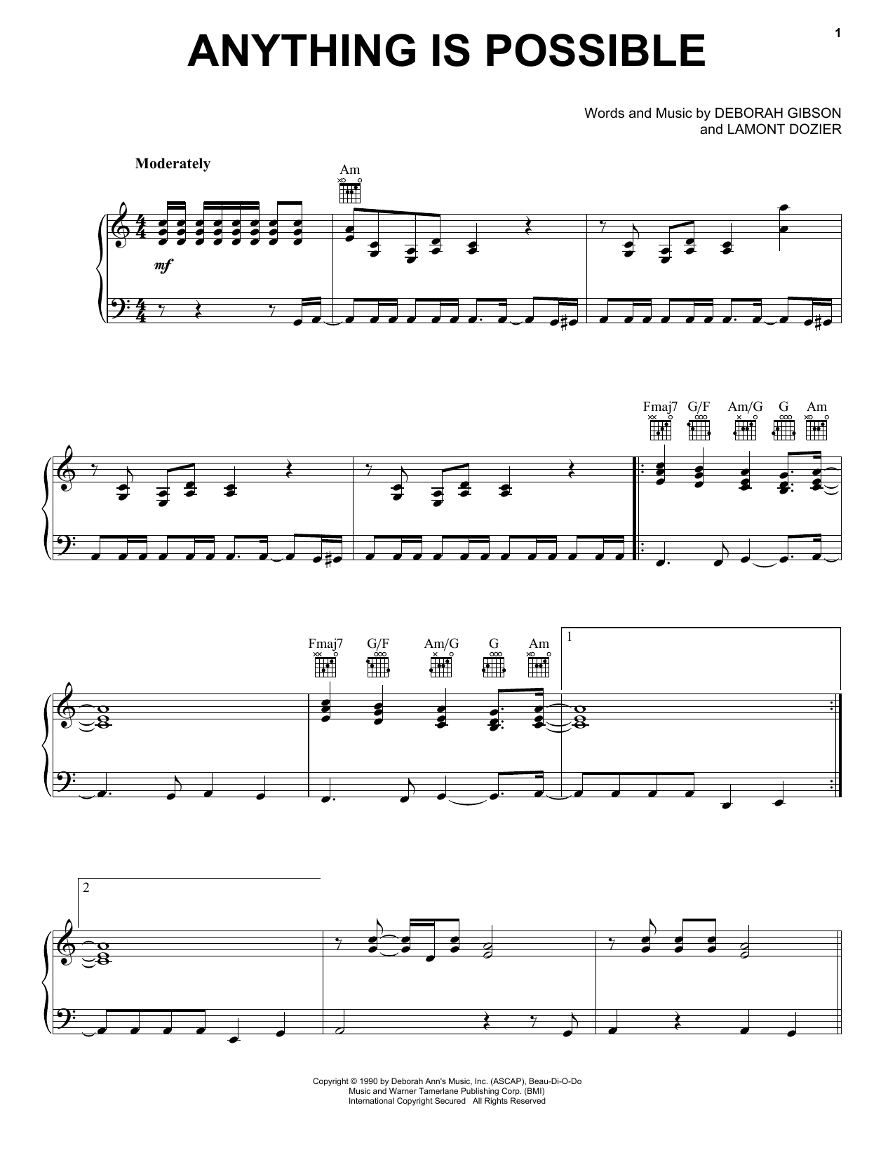 Debbie Gibson Anything Is Possible sheet music notes and chords arranged for Piano, Vocal & Guitar Chords (Right-Hand Melody)