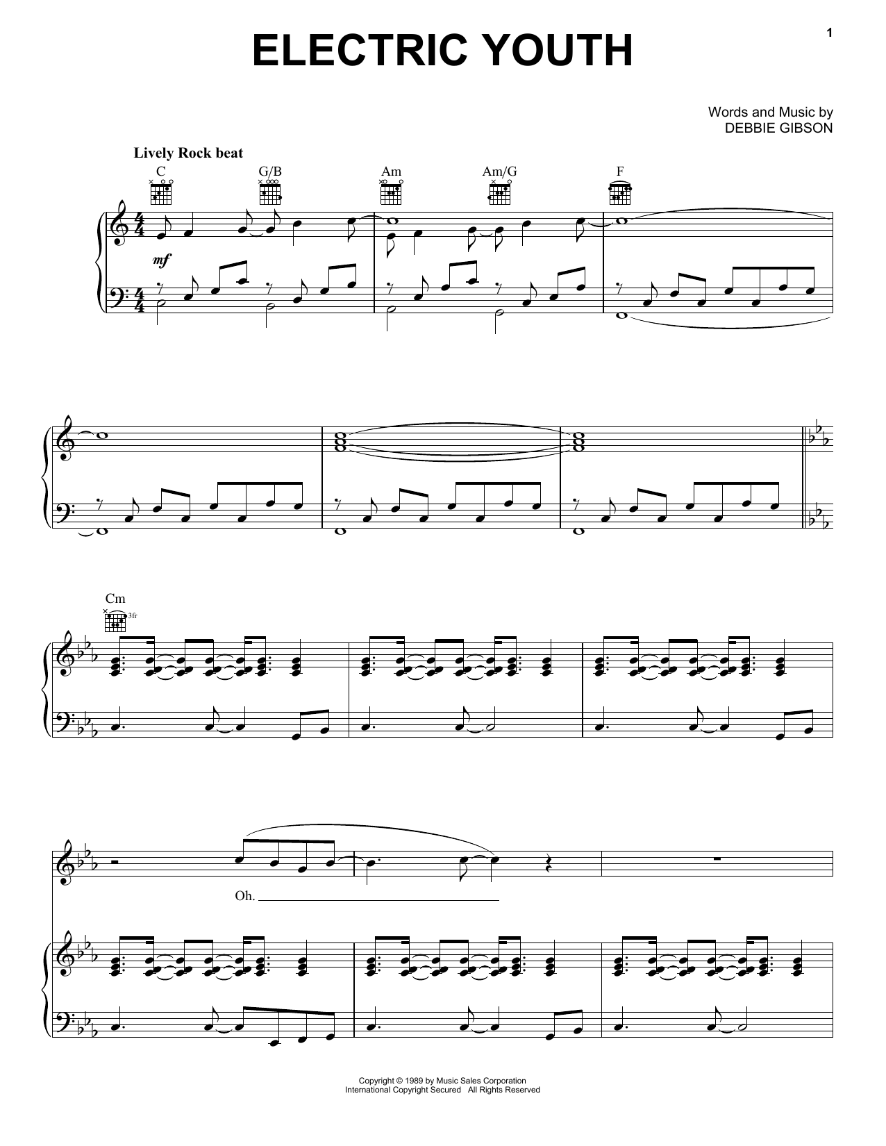 Debbie Gibson Electric Youth sheet music notes and chords arranged for Piano, Vocal & Guitar Chords (Right-Hand Melody)