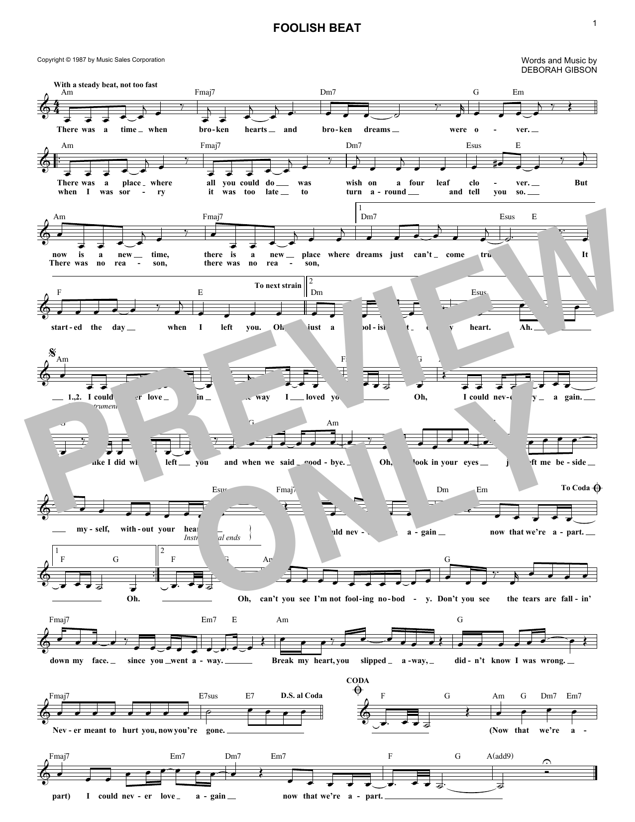 Debbie Gibson Foolish Beat sheet music notes and chords arranged for Lead Sheet / Fake Book