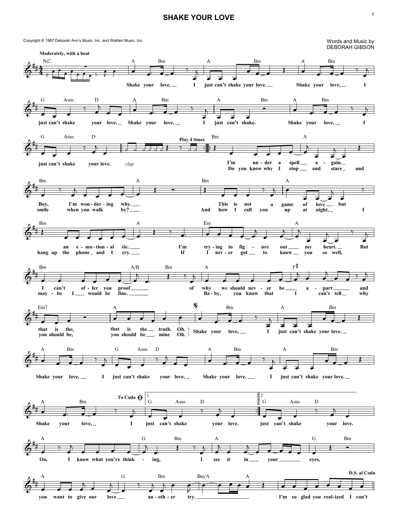 Debbie Gibson Shake Your Love sheet music notes and chords arranged for Lead Sheet / Fake Book