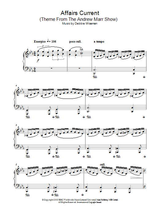 Debbie Wiseman Affairs Current (Theme From The Andrew Marr Show) sheet music notes and chords arranged for Piano Solo