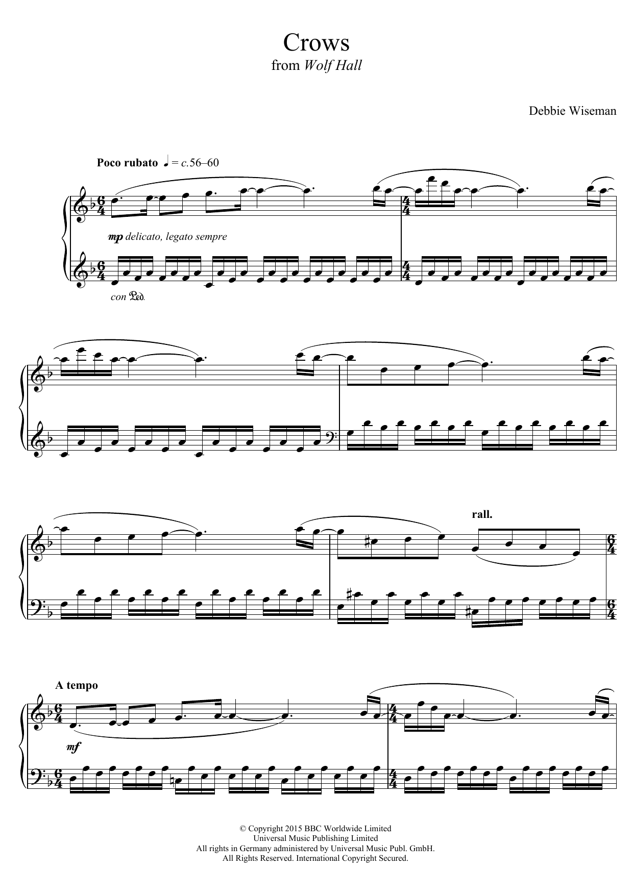 Debbie Wiseman Crows (From 'Wolf Hall') sheet music notes and chords arranged for Piano Solo