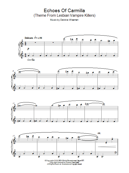 Debbie Wiseman Echoes Of Carmilla (Theme From Lesbian Vampire Killers) sheet music notes and chords arranged for Piano Solo