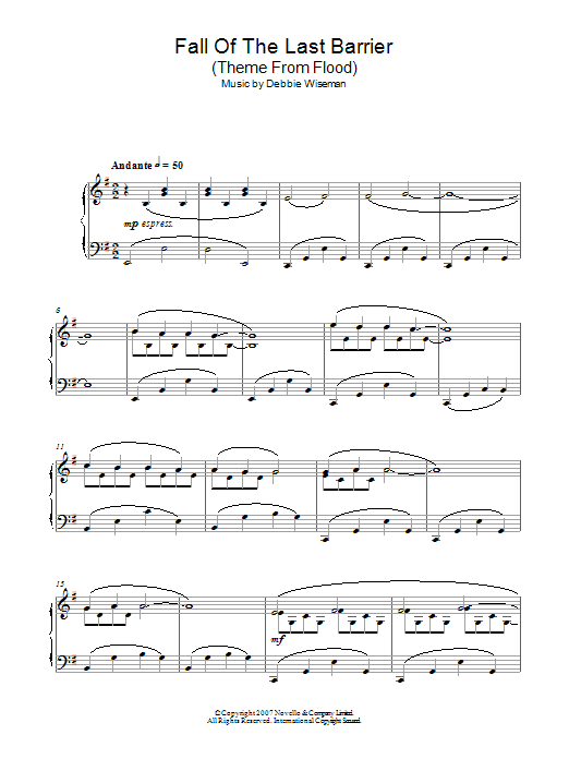 Debbie Wiseman Fall Of The Last Barrier (Theme From Flood) sheet music notes and chords arranged for Piano Solo