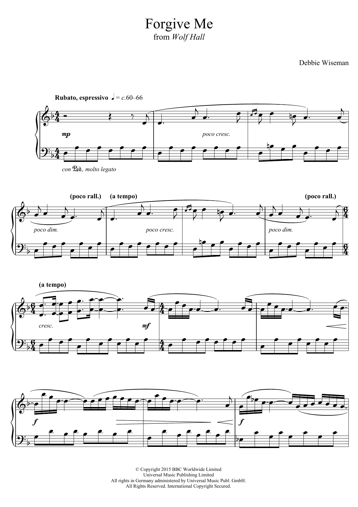 Debbie Wiseman Forgive Me (From 'Wolf Hall') sheet music notes and chords arranged for Piano Solo