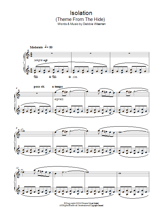 Debbie Wiseman Isolation (Theme From The Hide) sheet music notes and chords arranged for Piano Solo