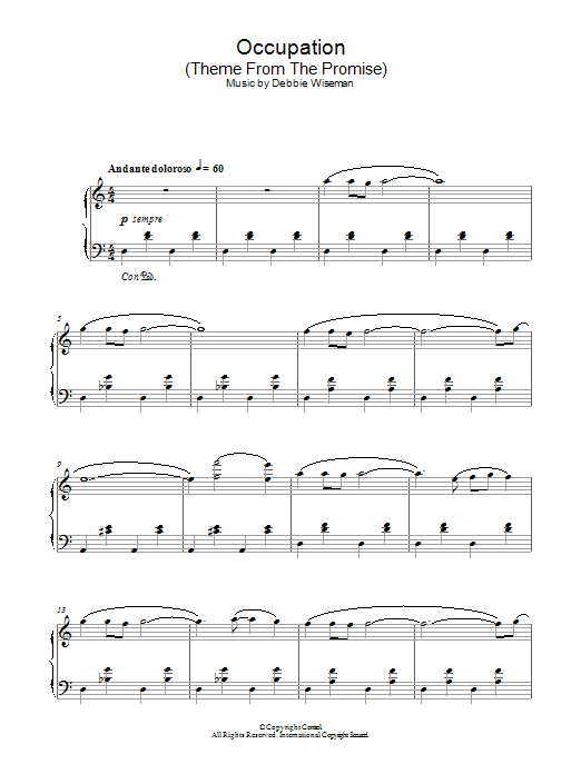 Debbie Wiseman Occupation (Theme From The Promise) sheet music notes and chords arranged for Piano Solo