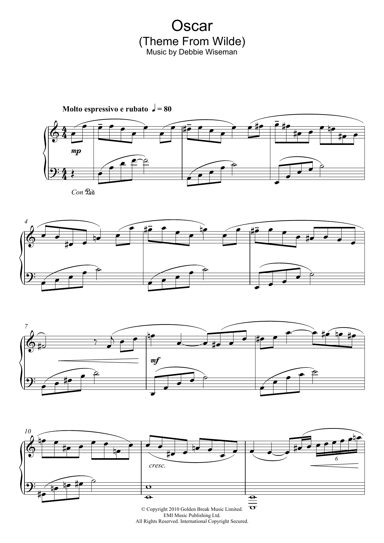 Debbie Wiseman Oscar (Theme From Wilde) sheet music notes and chords arranged for Piano Solo