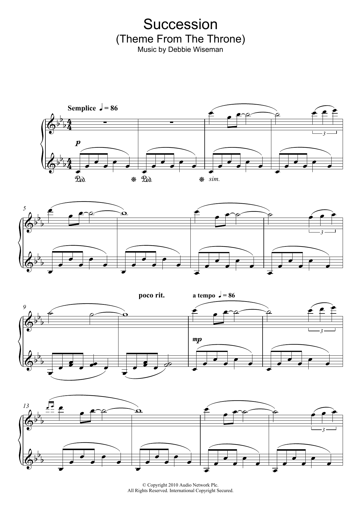 Debbie Wiseman Succession (Theme From The Throne) sheet music notes and chords arranged for Piano Solo