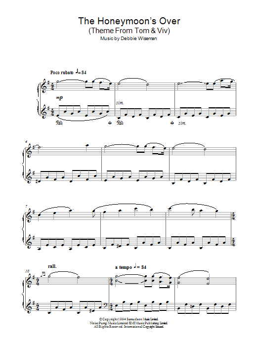 Debbie Wiseman The Honeymoon's Over (Theme From Tom & Viv) sheet music notes and chords arranged for Piano Solo