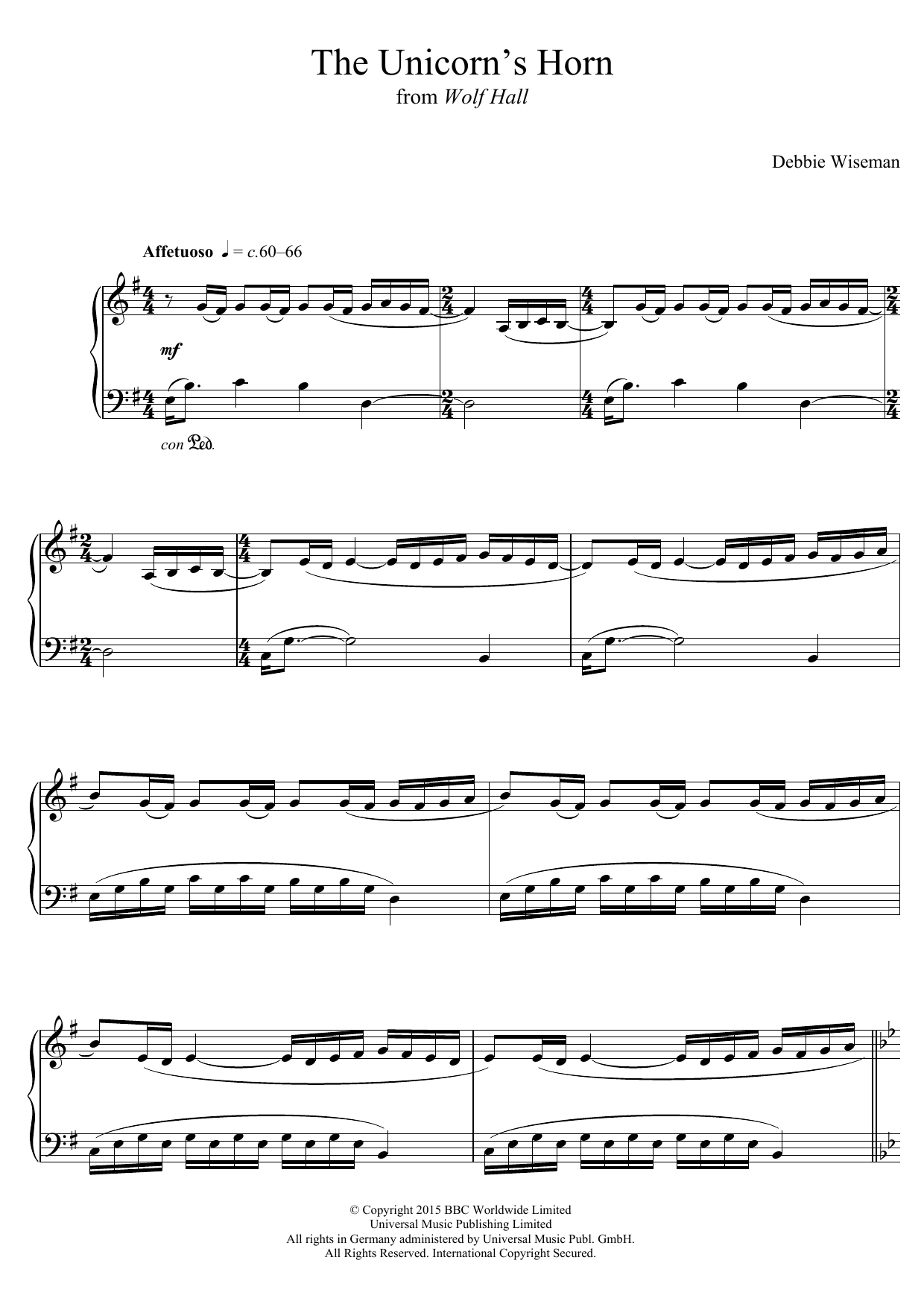 Debbie Wiseman The Unicorn's Horn (From 'Wolf Hall') sheet music notes and chords arranged for Piano Solo