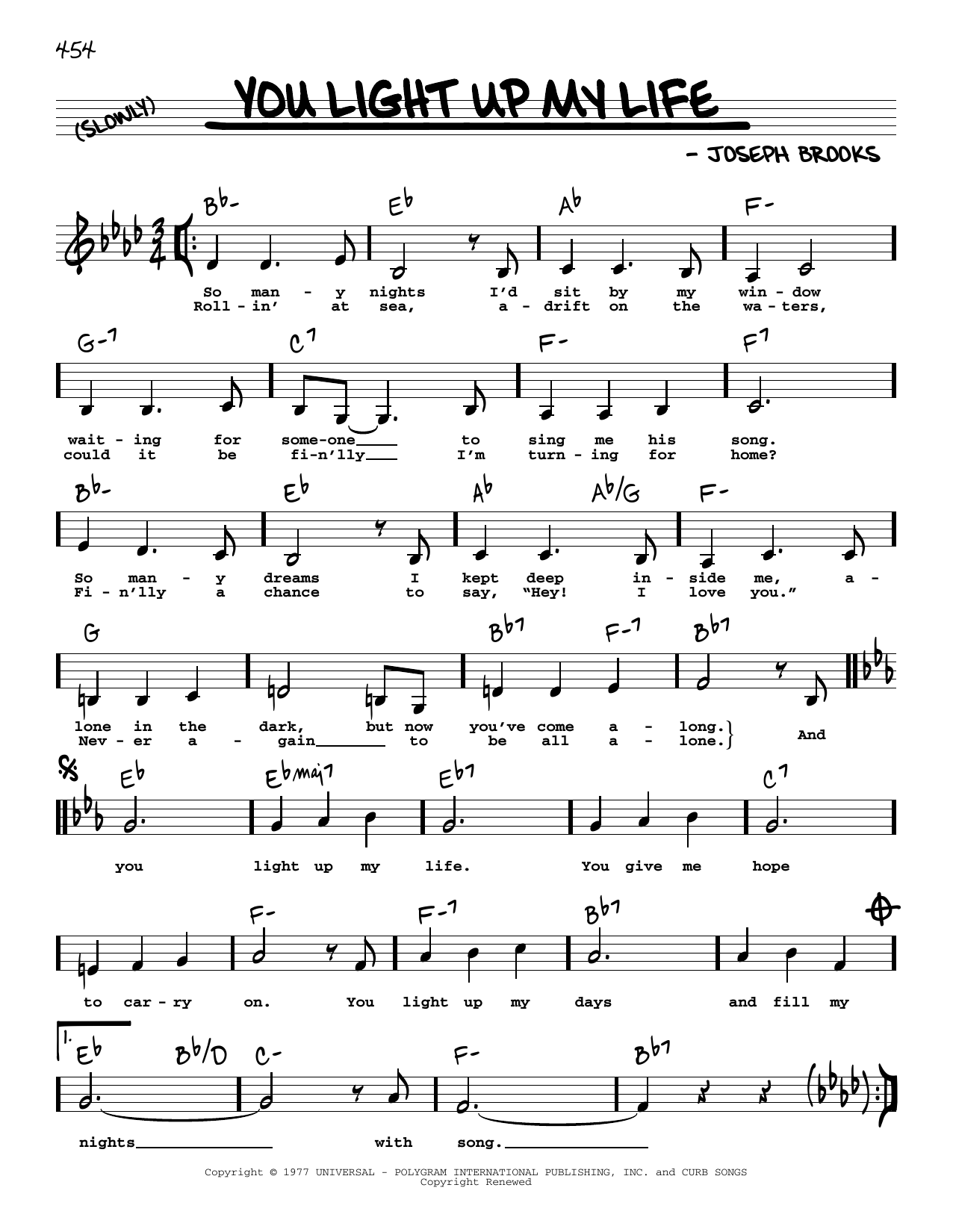 Debby Boone You Light Up My Life (Low Voice) sheet music notes and chords arranged for Real Book – Melody, Lyrics & Chords