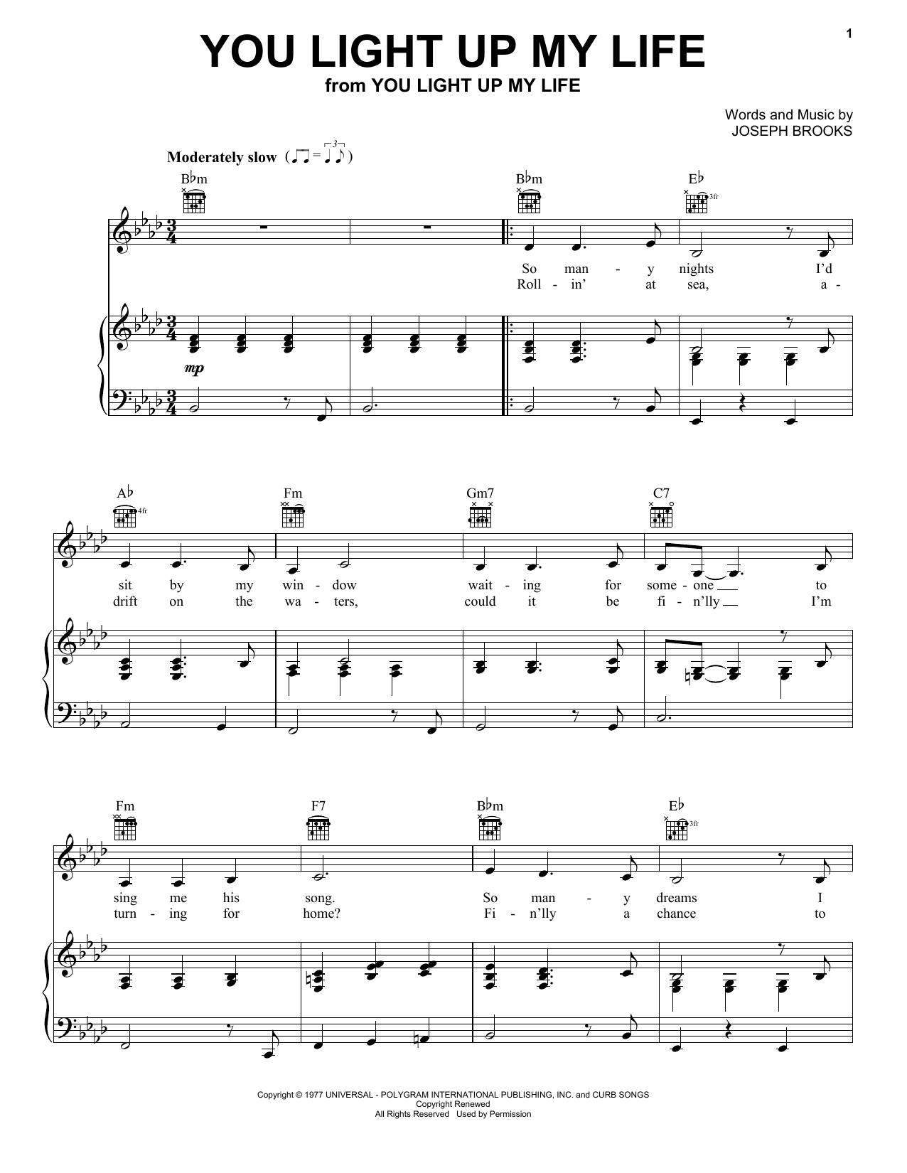 Debby Boone You Light Up My Life sheet music notes and chords arranged for Piano, Vocal & Guitar Chords (Right-Hand Melody)