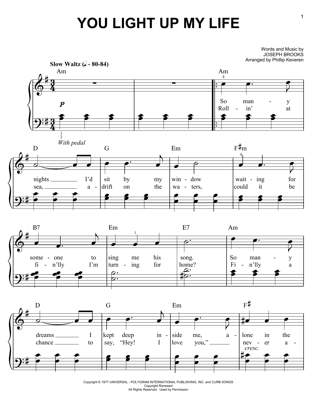 Debby Boone You Light Up My Life (arr. Phillip Keveren) sheet music notes and chords arranged for Easy Piano