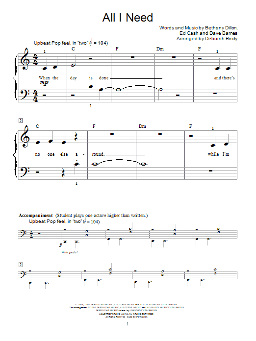 Deborah Brady All I Need sheet music notes and chords arranged for Educational Piano