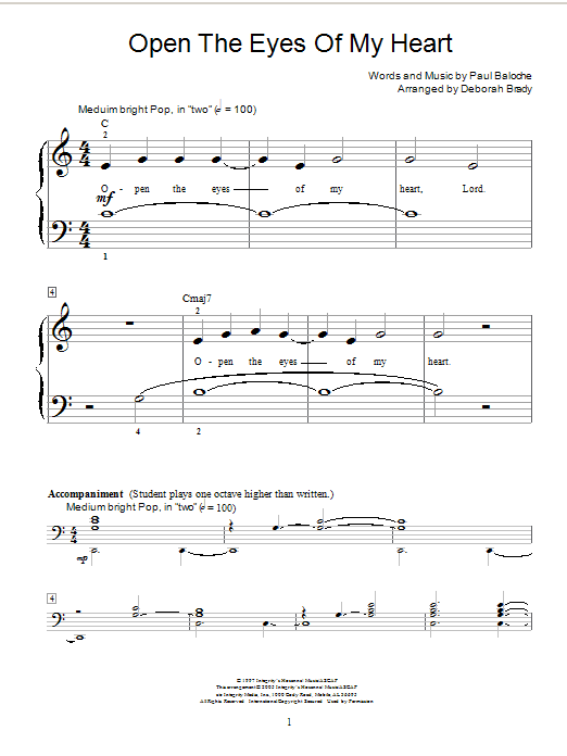 Deborah Brady Open The Eyes Of My Heart sheet music notes and chords arranged for Educational Piano
