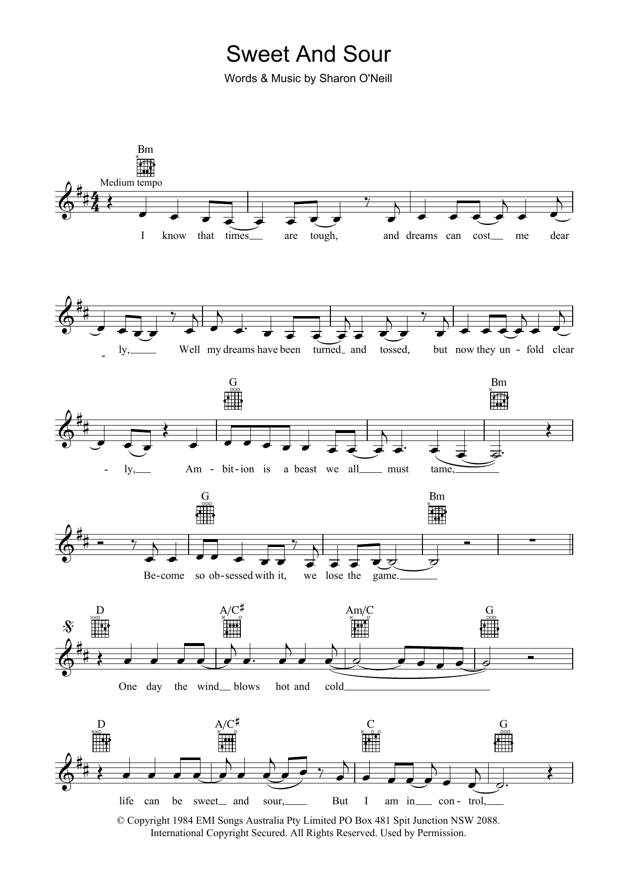 Deborah Conway Sweet And Sour sheet music notes and chords arranged for Lead Sheet / Fake Book