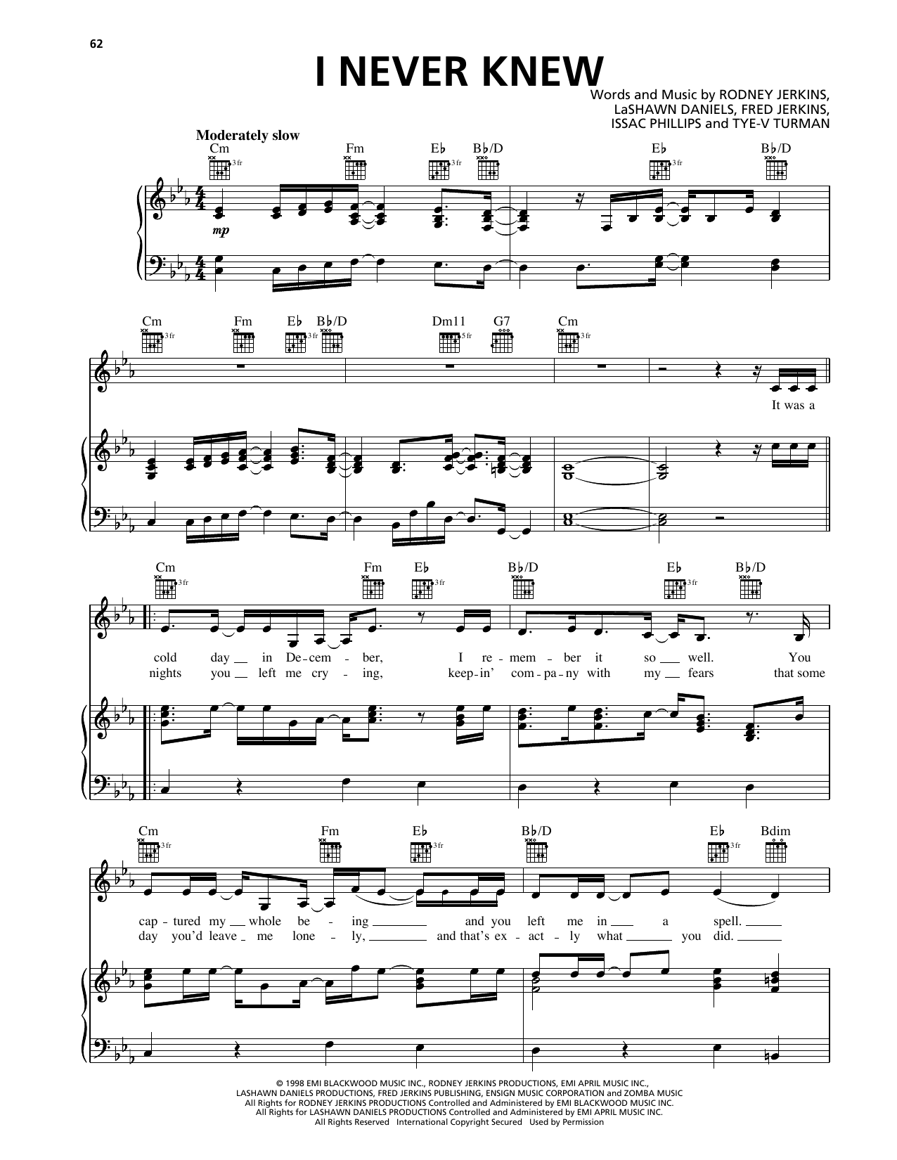 Deborah Cox I Never Knew sheet music notes and chords arranged for Piano, Vocal & Guitar Chords (Right-Hand Melody)