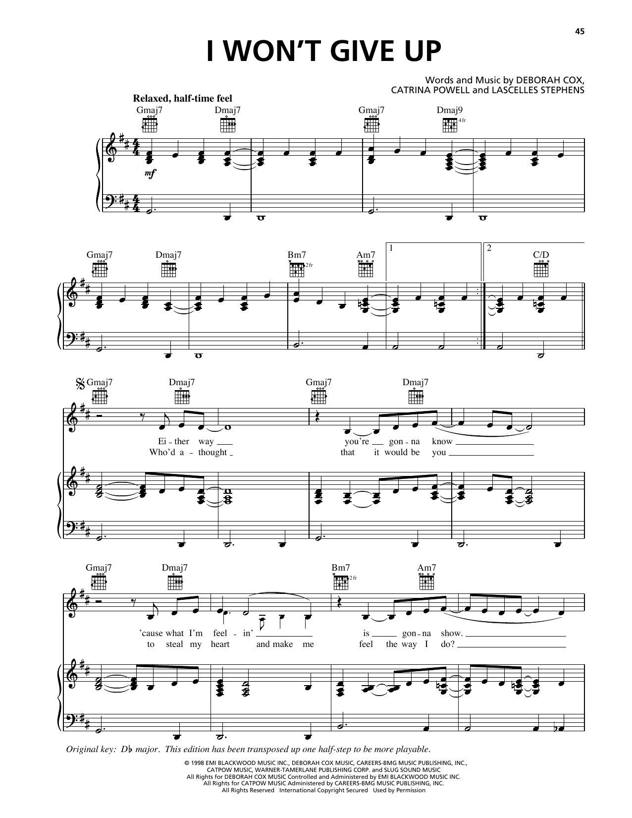 Deborah Cox I Won't Give Up sheet music notes and chords arranged for Piano, Vocal & Guitar Chords (Right-Hand Melody)