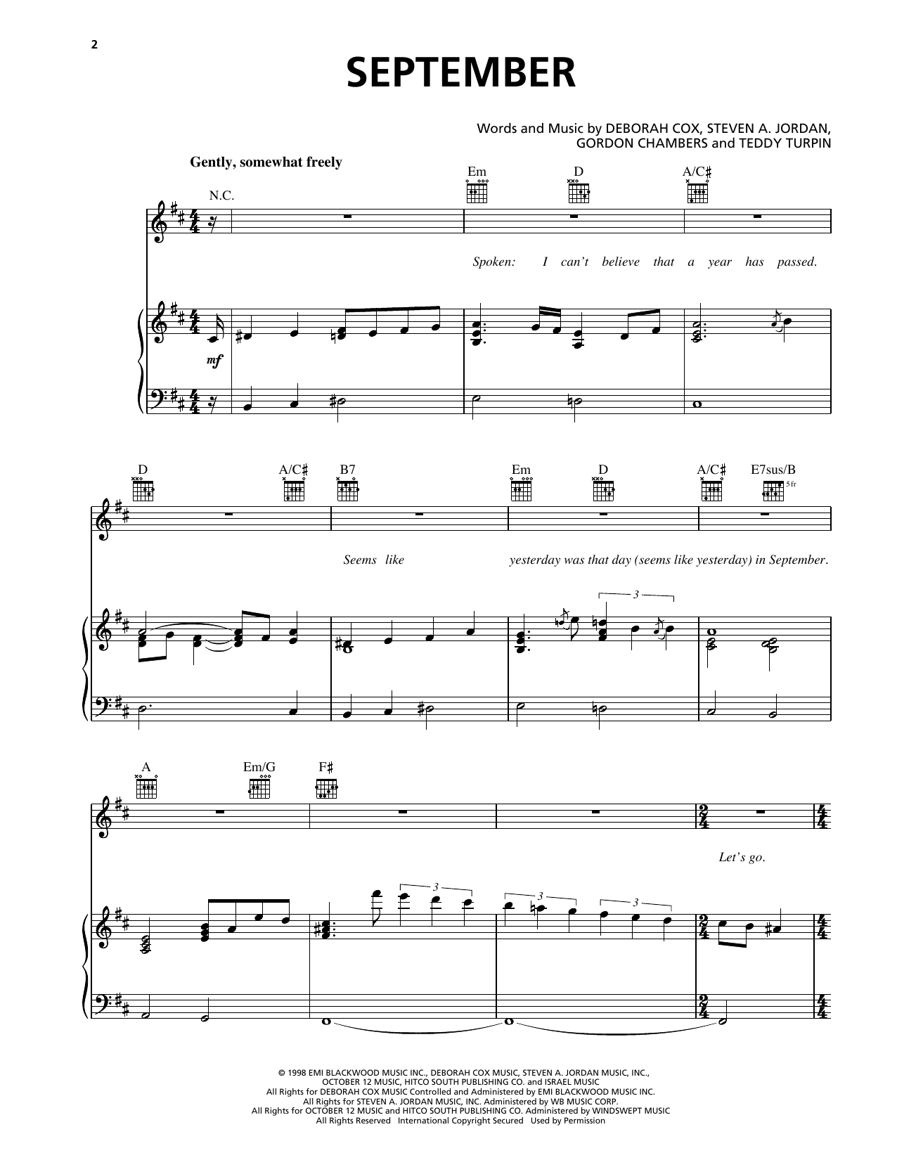 Deborah Cox September sheet music notes and chords arranged for Piano, Vocal & Guitar Chords (Right-Hand Melody)