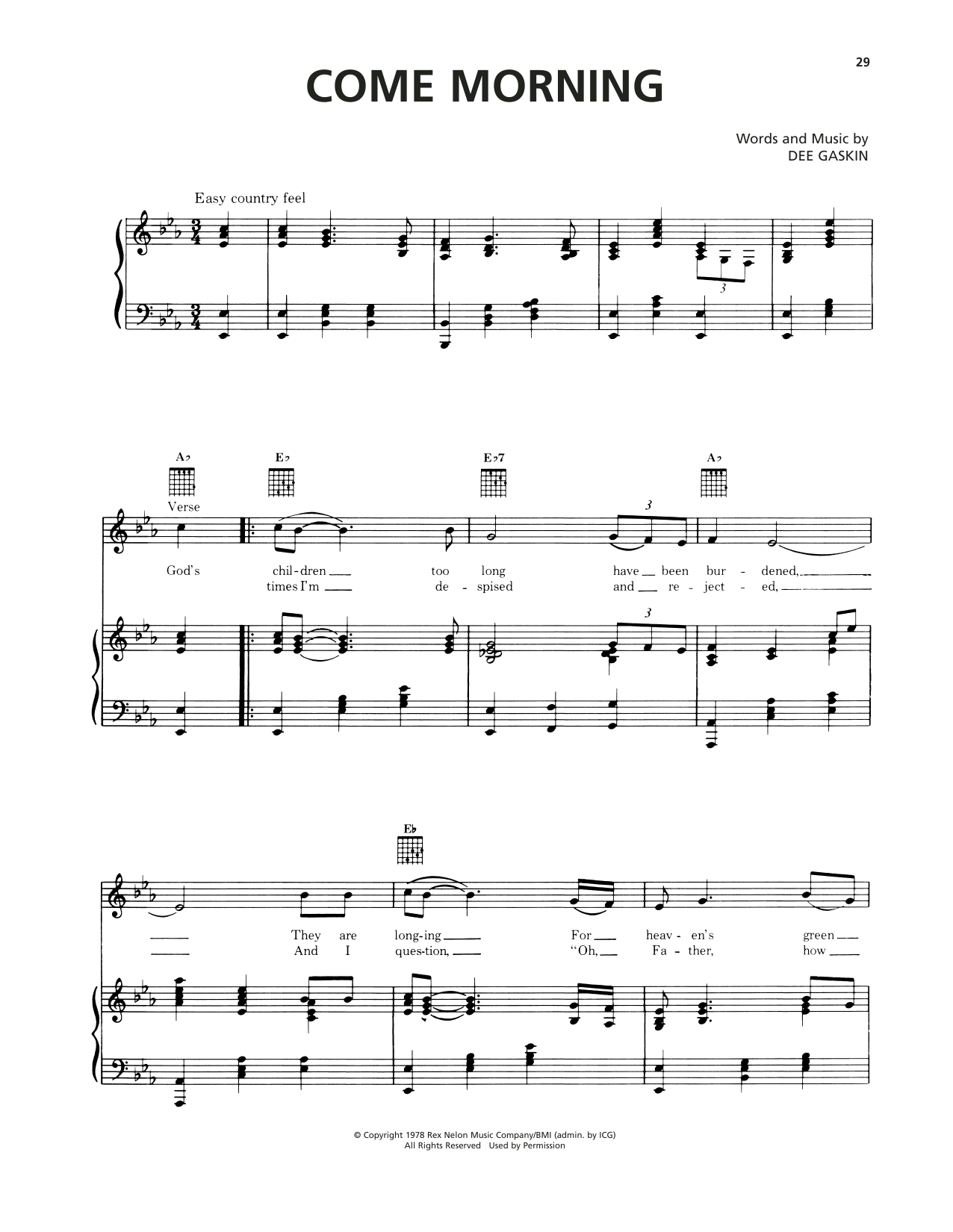 Dee Gaskin Come Morning sheet music notes and chords arranged for Piano, Vocal & Guitar Chords (Right-Hand Melody)