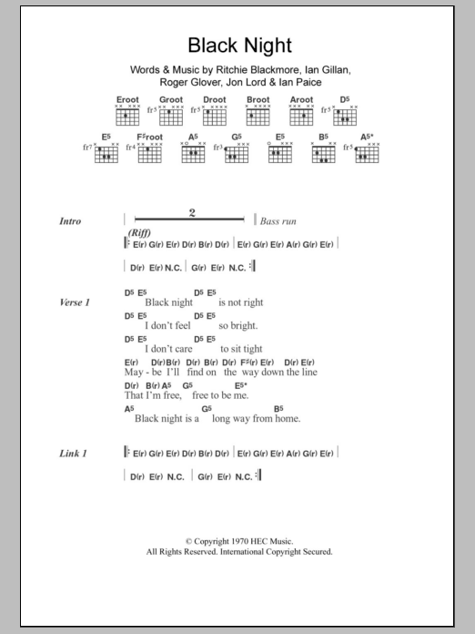 Deep Purple Black Night sheet music notes and chords arranged for Guitar Chords/Lyrics
