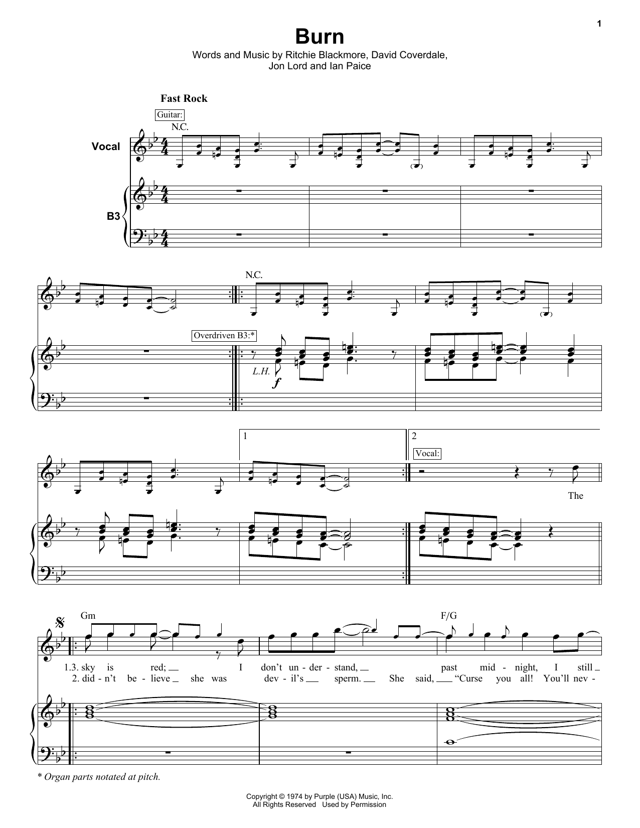 Deep Purple Burn sheet music notes and chords arranged for Keyboard Transcription