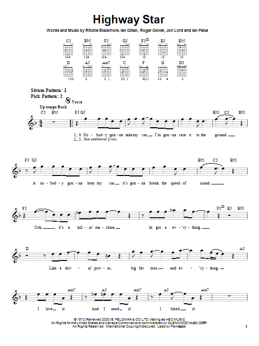 Deep Purple Highway Star sheet music notes and chords arranged for Easy Bass Tab