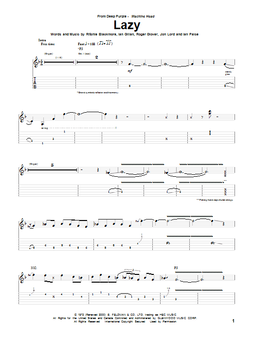 Deep Purple Lazy sheet music notes and chords arranged for Guitar Tab