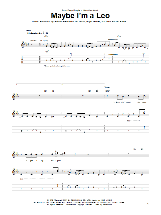 Deep Purple Maybe I'm A Leo sheet music notes and chords arranged for Guitar Tab