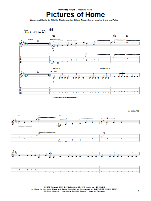 Deep Purple Pictures Of Home sheet music notes and chords arranged for Guitar Tab